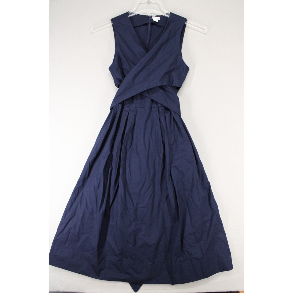 J. Crew Dress Sleeveless Wrap Front Bow Back Womens 10 Navy Cotton Preppy Style